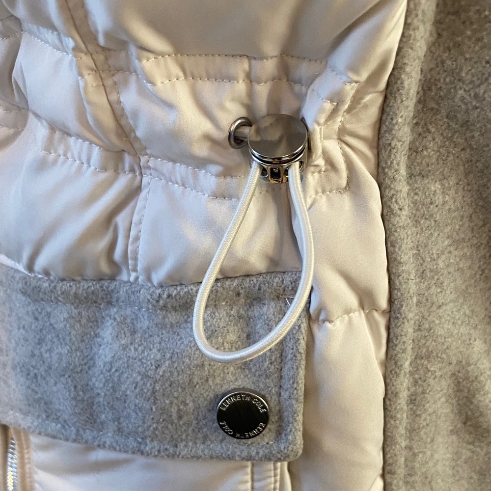 Kenneth Cole Cream and Gray Puffer Jacket with Faux Fur Hood - Picture 3 of 9